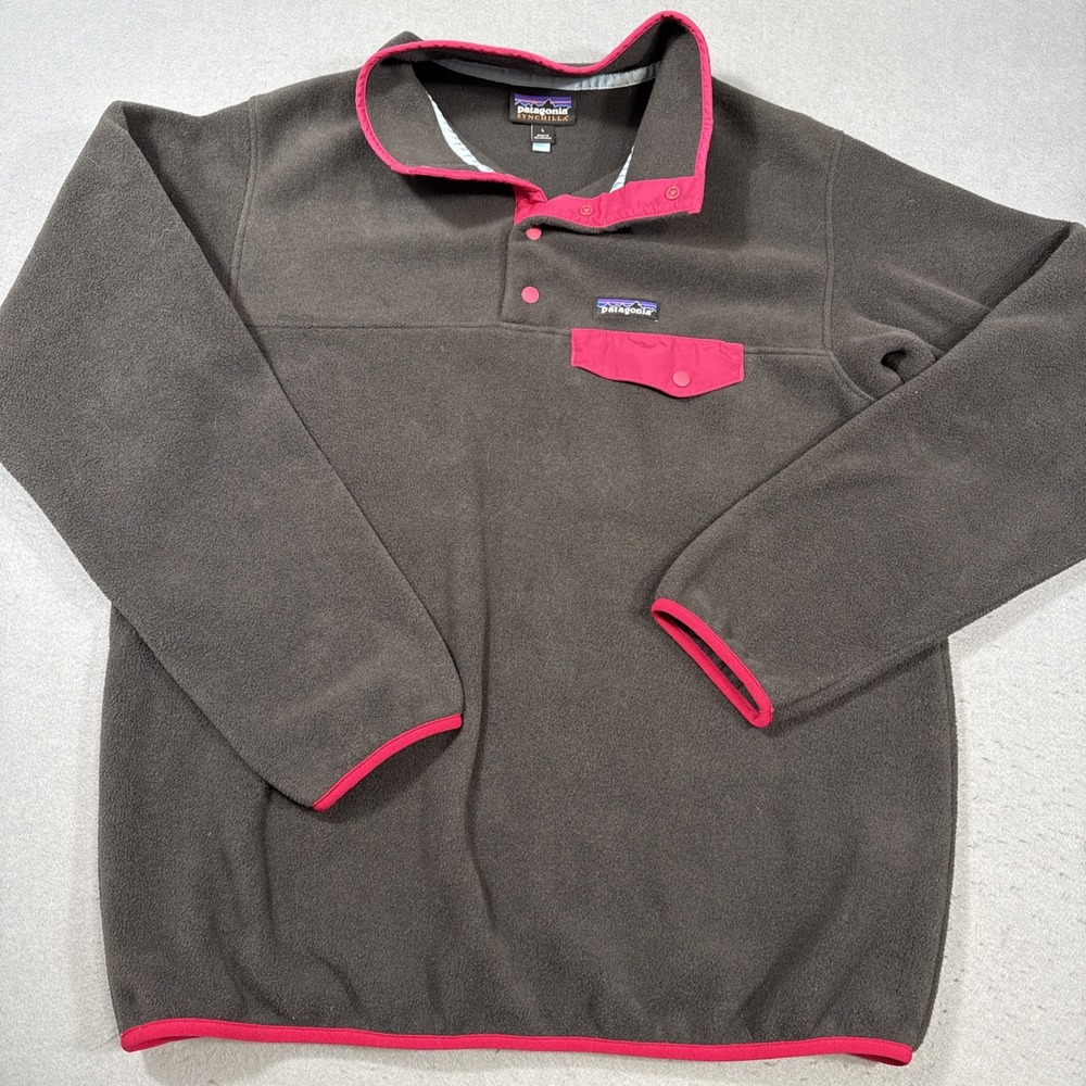 Patagonia Synchilla Pullover Women's Large Black Hot Pink Snap Pocket Hiking